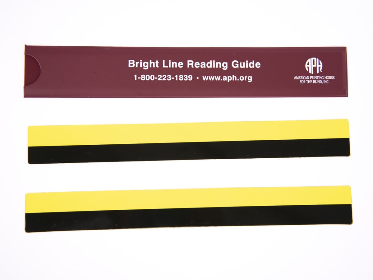 The Bright line reading guide comes in a carrying sheath with text printed on one side. It reads, Bright Line Reading Guide, 1-800-223-1839, www.aph.org, American Printing House for the Blind, Inc. It's a 2 pack with a yellow area to allow for easier reading and a black section to avoid visual clutter.