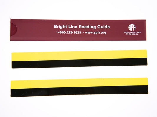 The Bright line reading guide comes in a carrying sheath with text printed on one side. It reads, Bright Line Reading Guide, 1-800-223-1839, www.aph.org, American Printing House for the Blind, Inc. It's a 2 pack with a yellow area to allow for easier reading and a black section to avoid visual clutter.