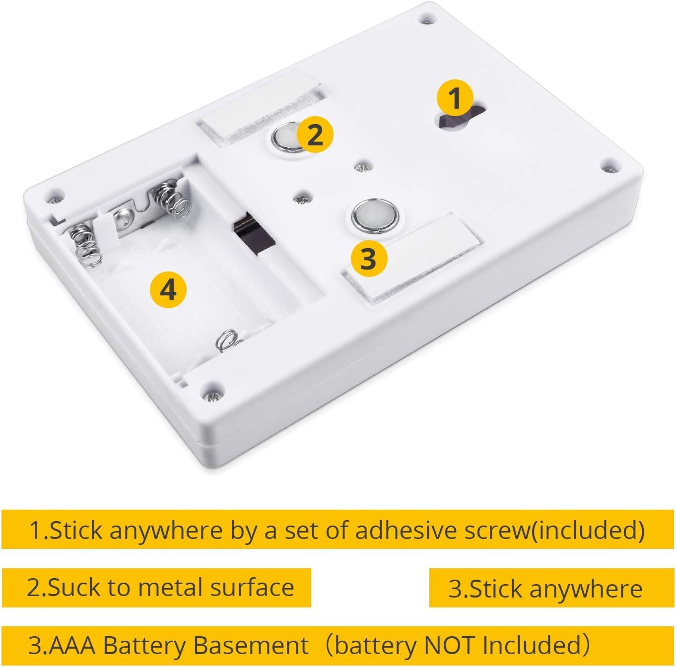 The backside of the LED light switch shows 3 ways to mount. The 1st way is with a slot for a wall screw or nail. The second is option is with magnets. And the final way is with sticky strips. The back is also where the 3 AAA batteries are stored.