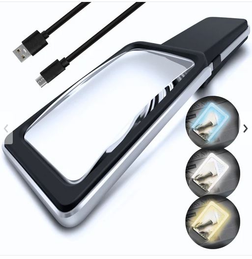 The long rectangular magnifier comes a cable for recharging purposes. Also has 3 different light modes.