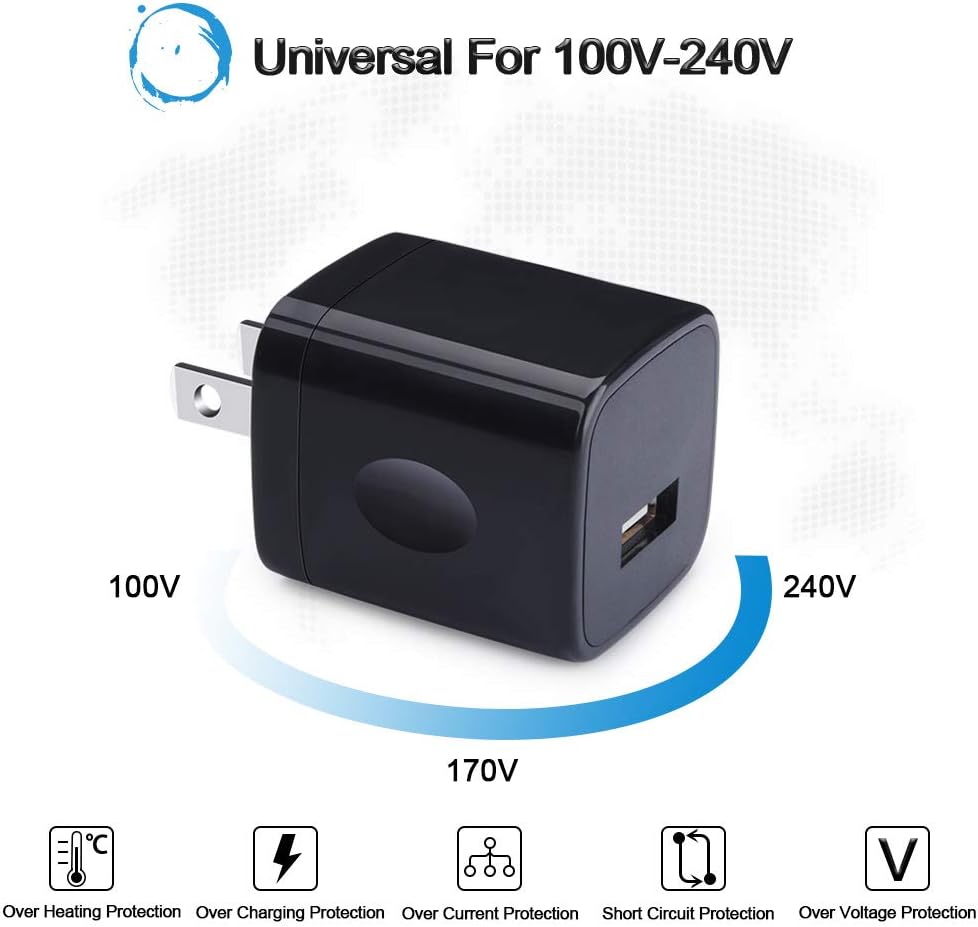 A small block wall charger showing the voltage ranging from 100v to 170v to 240v. Also provides protection from over heating, charging, current and voltage protection as well as short circuiting.