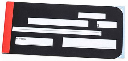 A hinged  check writing guide allows you to place a check between to pieces of plastic that have holes cut out for spacing to write your name, date, who the check is to, the amount, a memo line and signature line. The guide is black with red tape for the hinge.