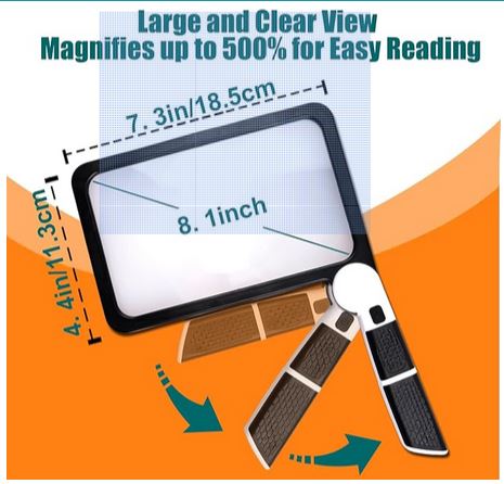 The full page magnifier provides a wide field of view that is 8.1" inches diagonally, 7.3" wide and 4.4" high viewable area. The magnifier also boasts and adjustable handle.