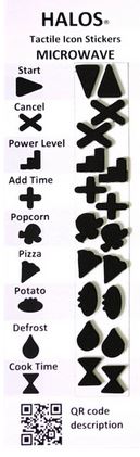 Black tactile stickers for marking important buttons on your microwave. Start, Cancel, Power Level, Add Time, Popcorn, Pizza, Potato, Defrost and Cook Time are stickers on the display.