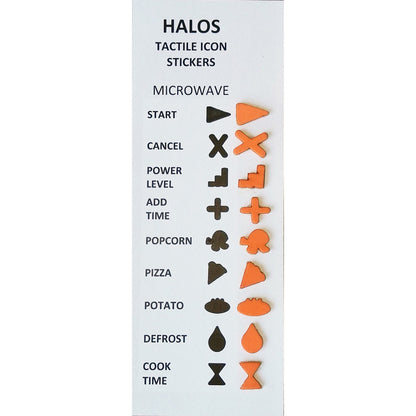 Tactile appliance stickers that come in black or orange. Use them to label the important buttons on household appliances. These are for the microwave. Start, Cancel, Power Level, Add Time, Popcorn, Pizza, Potato, Defrost and Cook Time are stickers on display.