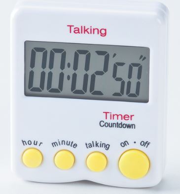 A small white rectangle shaped device that has a large LED screen to display the time. Also features 4 yellow buttons to set the hour and minute, announce the time and turn the timer on and off.