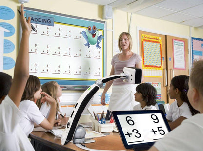 A class room setting with young children and a blond teacher. On the desk in front of the students is the Transformer HD and tablet. The Transformer is pointed at the white board and the tablet shows 6+3 and 9+5.