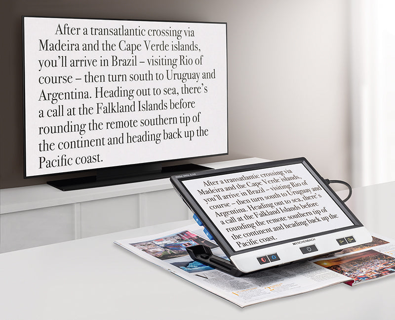 The Visolux can be connected to a TV screen or monitor so you can make the text even larger!