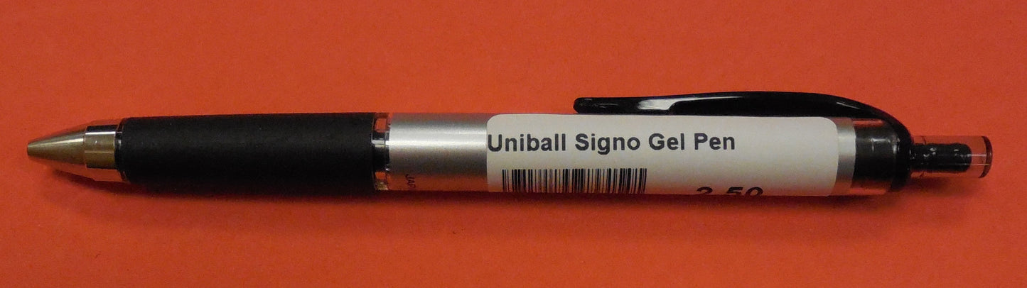 The uniball Signo gel pen with a lable on it
