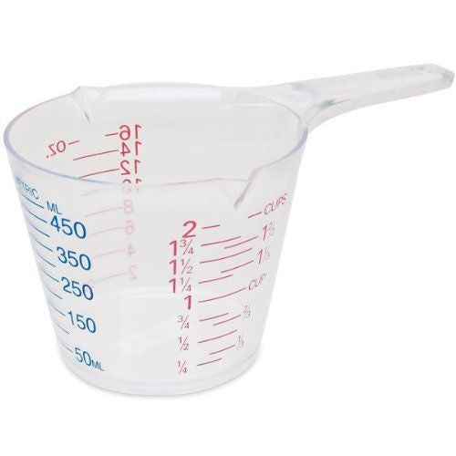 A tall measuring cup with red and blue large bold print text