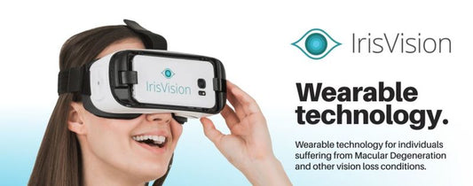 A person wearing a virtual reality lookign headset with a phone in the middle. IrisVision Wearable Technology. For individuals suffering from Macular Degeneration and other vision loss conditions.