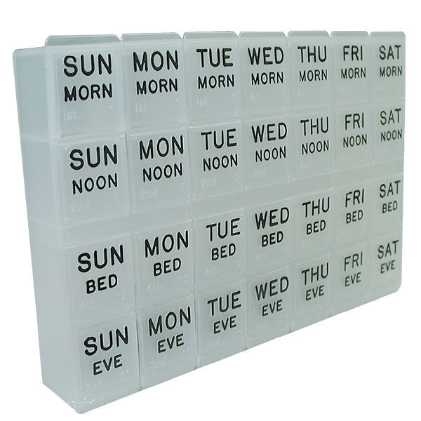 A large pill organizer that has slots for all 7 days of the week. Plus it has slots for your morning, noon, bedtime and evening medication.