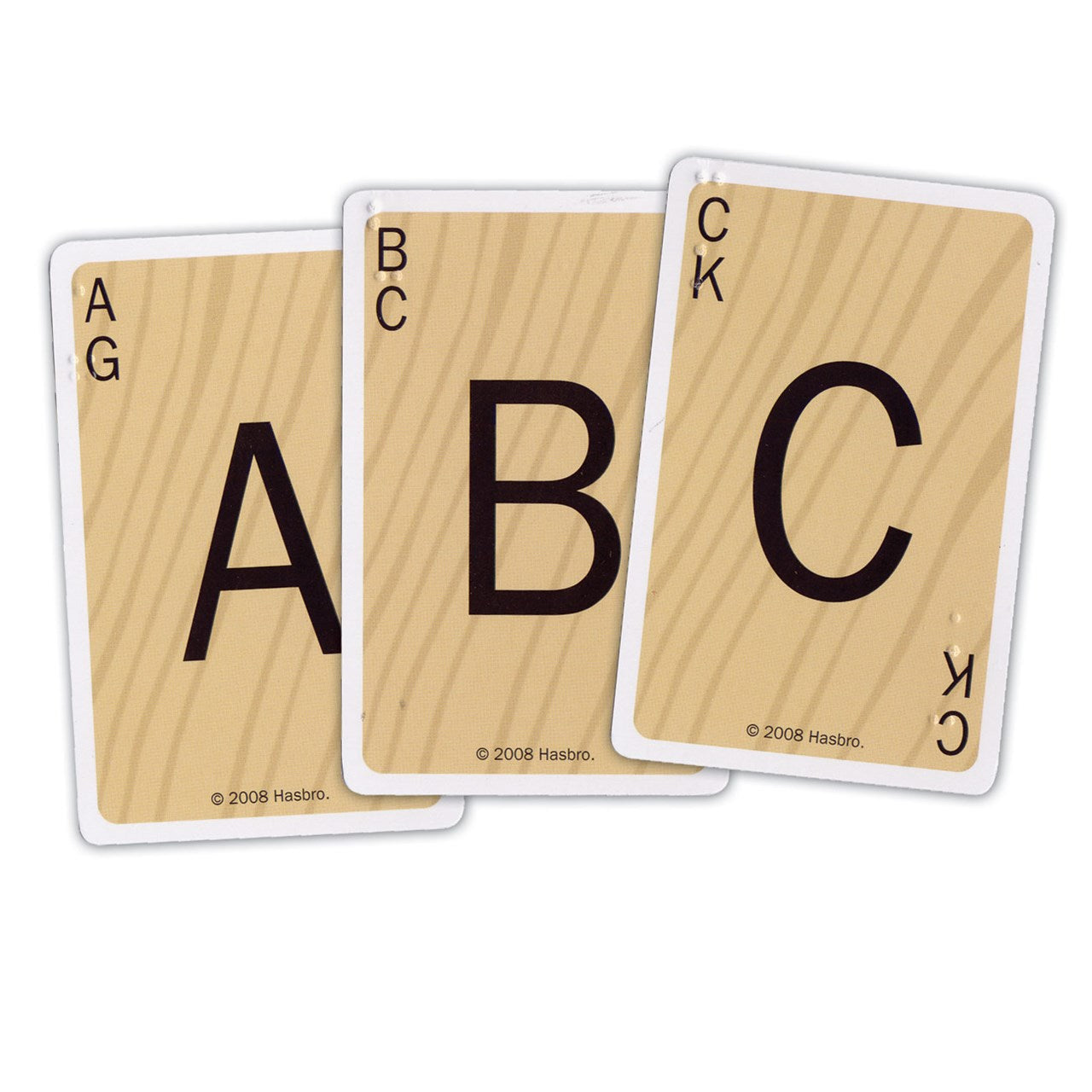 3 Scrabble cards with the letters A, B, and C on them