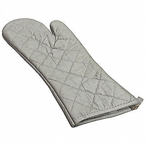 A silver oven mitt with white stitching