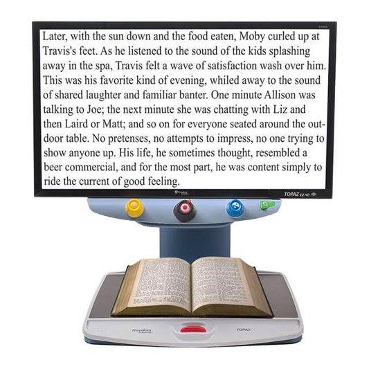 Large CCTV displaying text from a book resting on the XY table