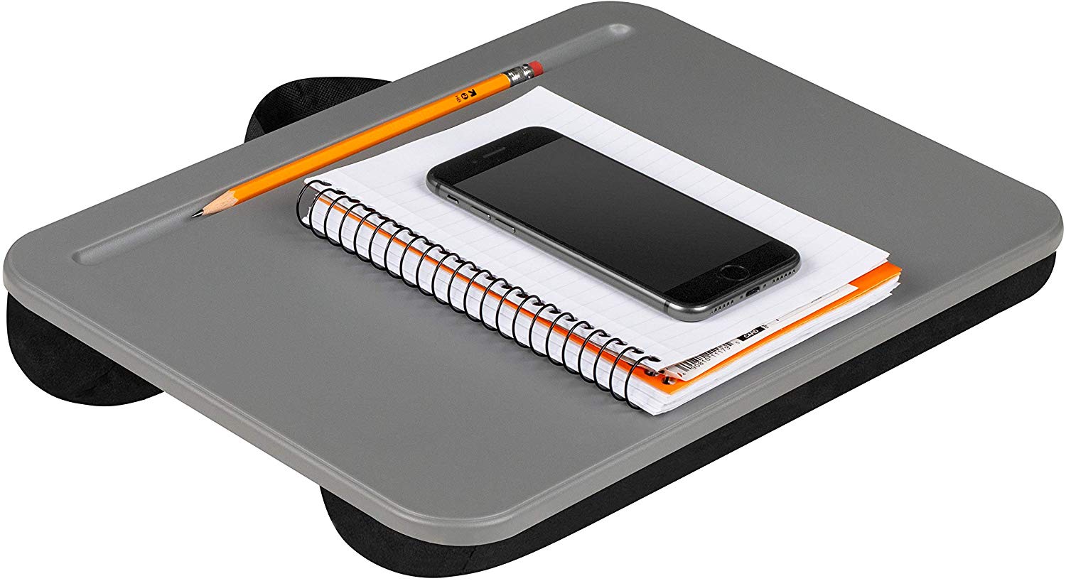 A gray desk top with a pencil, notebook and phone on top. The bottom of the desk is soft and squishy to rest comfortably on your lap