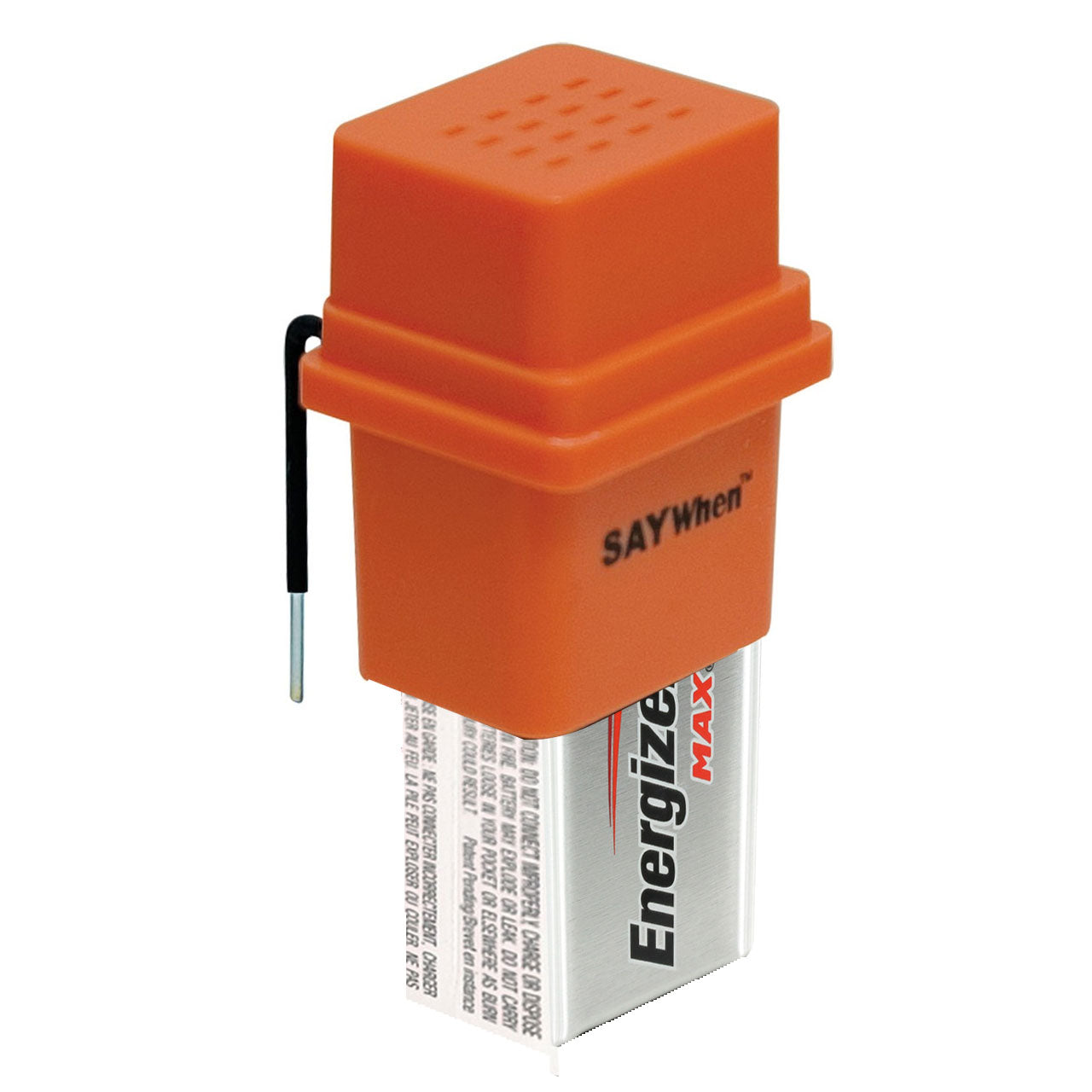 An orange rectangular device with a 9 Volt battery in it and 2 prongs on the back used for detecting liquid levels