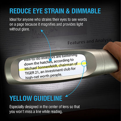 This magnifier can reduce eye strain and is dimmable. Plus the yellow guidline  is designed so you won't kiss a line while reading