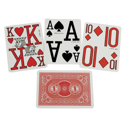 Large print playing cards. The back fo the card is red and has unique shapes and design