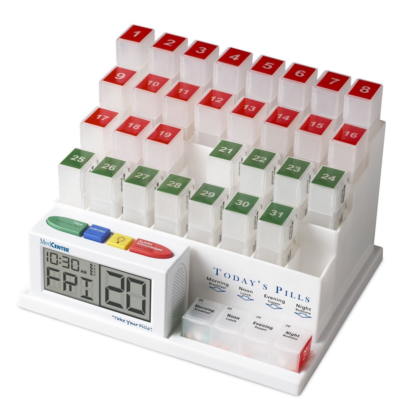 A high tech pill organizer that is tiered like bleachers. There are spots for 31 days of the month and an alarm clock to remind you to take you pills