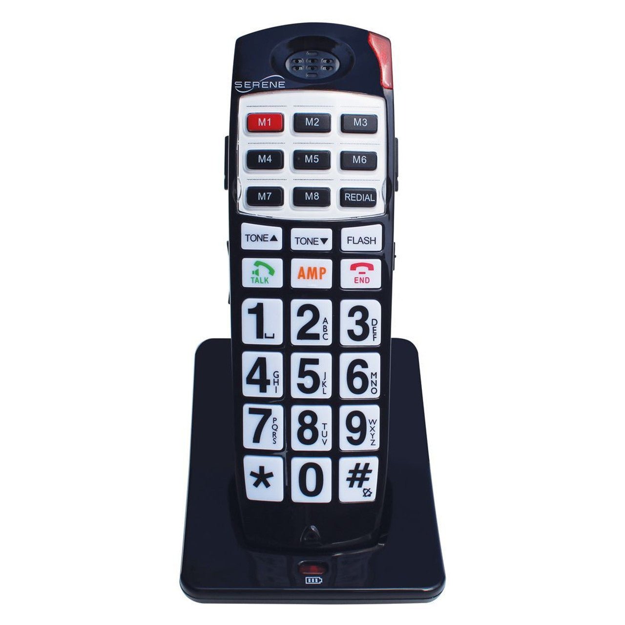 A cordless phone on it's docking station. The phone has large white buttons with black text. It also features an amplify button and 8 qucik dial buttons