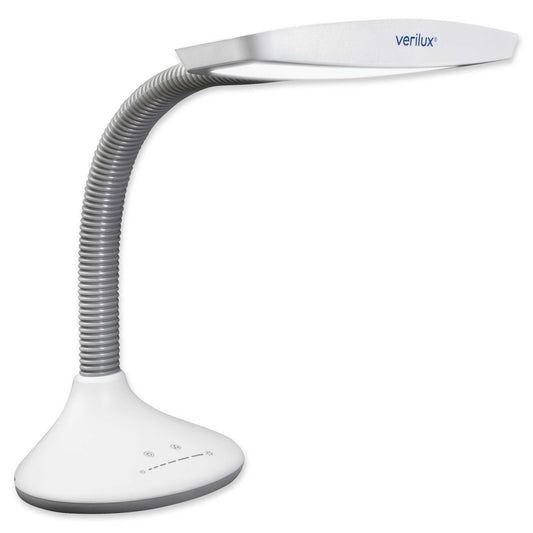 The Verilux SmartLight is white with a flexible neck and white base with touch buttons.