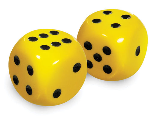 Yellow rounded dice with black dots. I rolled a 10